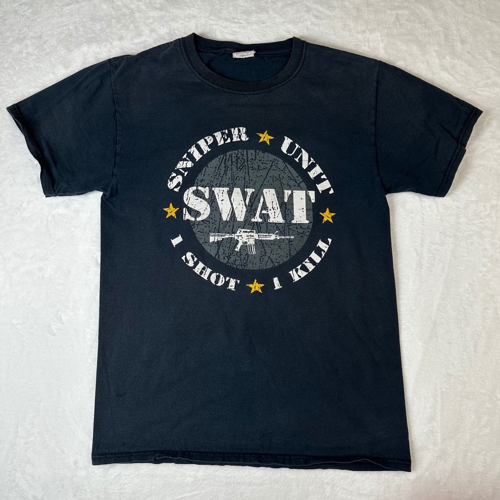 Fruit of the Loom SWAT Sniper Unit Graphic T-Shirt Black Small Distressed
